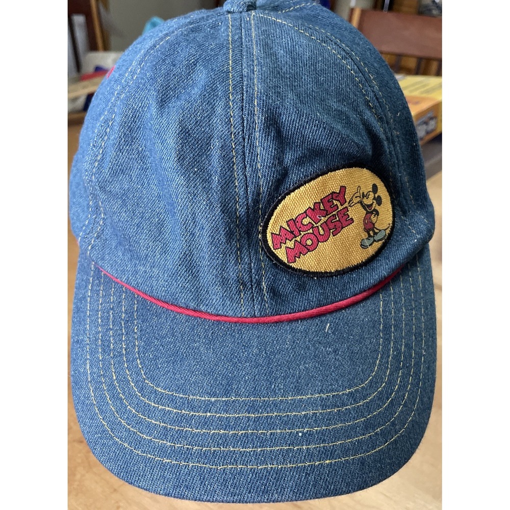 Disney Mickey Mouse Patch Denim Cap Red Trim Band Hat Adjustable Jean
